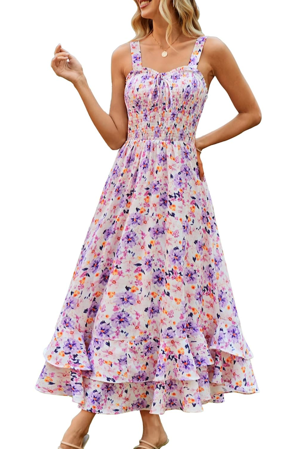 GRACE KARIN Women's 2025 Summer Boho Floral Printed Spaghetti Strap Tie Front V Neck Ruffle A Line Swing Beach Dresses Large