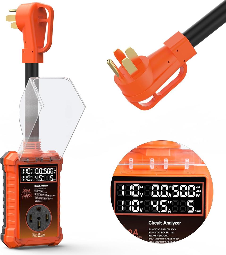 50 Amp RV Surge Protector 16,000J with Smart LED Display & Real-Time Voltage/Current/KWH Monitoring, Auto Shutoff/Reset, High/Low Voltage, Waterproof, Circuit Analyzer, Clear Error Codes for Campers