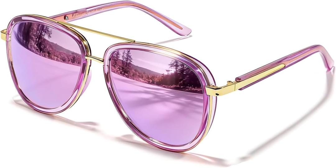 TJUTR TangleFree Aviator Sunglasses for Women & Men, No-Snag TR90 Frame Polarized UV400 Protection Shades for Driving TS2610 (A02 Clear Purple/Purple)