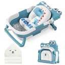 MoreFeel Collapsible Baby Bathtub for Newborn with Thermometer & 1 Hooded Towel & 1 Soft Floating Cushion,Portable Travel Bathtub with Drain Hole, Durable Foldable Baby Tubs for Infants to Toddler, Blue (Alligator)