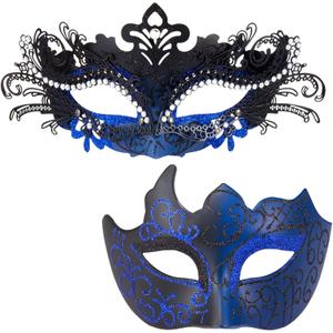 MYSEUNI 2025 Masquerade Masks for Couples, Shiny Rhinestone Metal Filigree Venetian Mask & Mens Venetian Mask for Mardi Gras (Blue)
