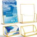 4 Pcs Glass Display Stand Set 2 Gold Glass Brochure Holder Stand 2 Gold Business Card Holder for Office Desktop Countertop Name Card Magazine Literature Journal(8.5 x 11'')
