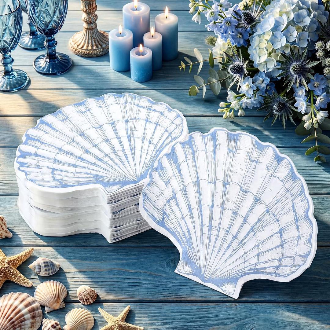 100 Pcs Ocean Seashell Guest Napkins Bulk Ocean Sea Shell Beach Blue Disposable Paper Beverage Napkins for Summer Dinner Nautical Coast Bridal Shower Wedding Bachelorette Birthday Party