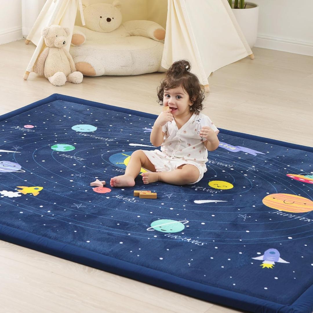 1.3" Thick Educational Baby Floor Play Mat 79x118, Basic Padded Memory Foam Kids Mat, Large Non-Slip Plush Playmat for Nursery Playroom Classroom (Planet)