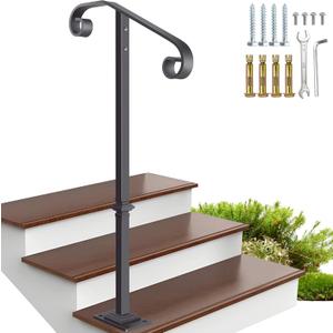 Handrail Railing 38.8‘’H, Single Post Handrail Fits 1 or 2 Steps, Sturdy Outdoor Stair Railing for Concrete&Wooden Steps with Base, Wrought Iron Stair Handrails, Grab Rail for Steps Porch, Gray