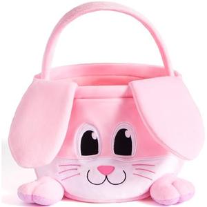 JOYIN Easter Pink Bunny Basket, Pink Rabbit Backet with Foldable Ears, Empty Soft Basket with Handle, Easter Gifts for Babies, Kids Egg Hunt, Candy Bag Party Favor Storage Container(10.9”× 7.9”× 9.4”)