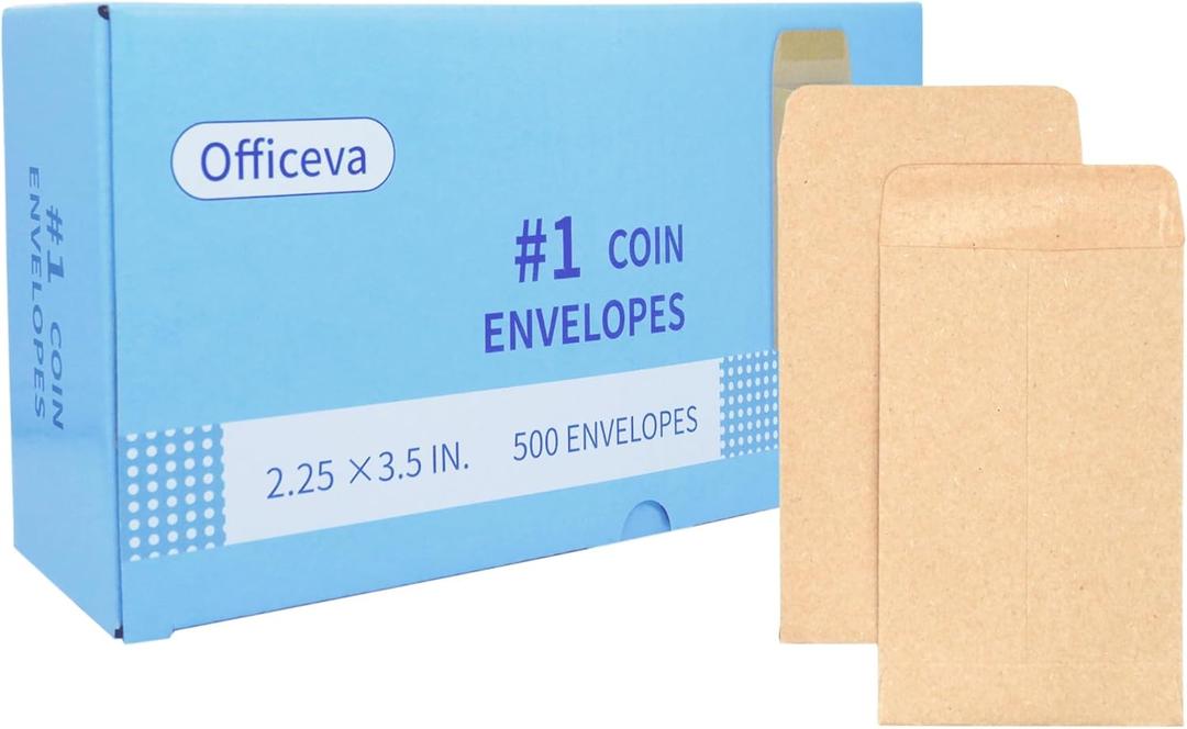 #1 500 Pcs Small Coin Envelopes 2.25" x 3.5" with Gummed Flap, Brown Kraft Mini Envelopes for Storing Seeds, Keys, Stamps, Tips and Small Items