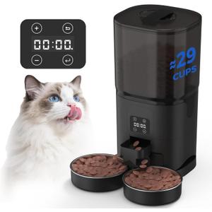 PAPIFEED Black Automatic Cat Feeder for 2 Cats, 7L Timed Cat Dry Food Dispenser with 2 Stainless Steel Bowls, Programmable Control 1-12 Meals, Auto Pet Feeder Suitable for Multi-Pet Households