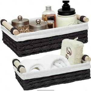 Set of 2 Black Bathroom Basket Organizers with Liner, Paper Rope Wicker Storage Baskets for Shelves, Bathroom Counter & Vanity, Wooden Handles for Towels & Toiletries