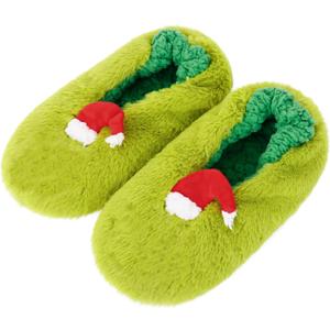 Univive Christmas Slipper Sock with Grips Green Fuzzy Socks with Non Skid Bottoms Thick Warm Socks Winter House Bedroom for Women (Green4) (Green)