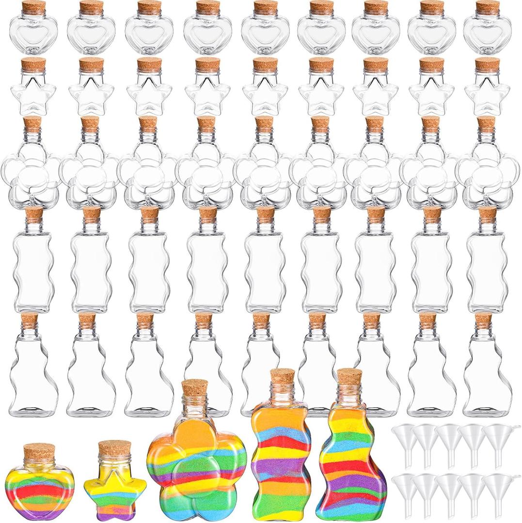 Shappy 50 Pcs Plastic Sand Art Bottles with Cork and Funnels Clear Sand Art Containers for Boys and Girls Craft Collection Bottle for DIY Crafts Halloween Christmas Party Favors, 5 Style