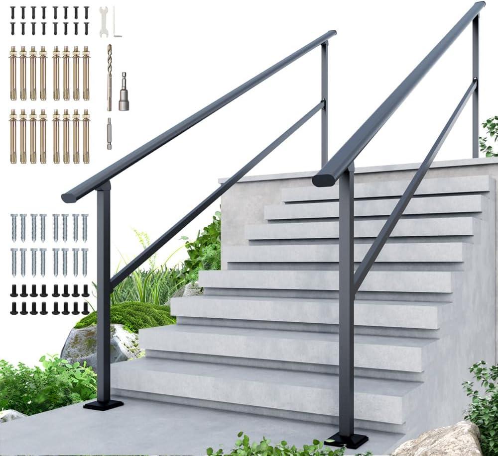 DIYHD 9 Step Handrail for Outdoor,Powder Coated Iron Stair Railing,Black Hand Rails for Indoor, Porch,Deck,2 Pack