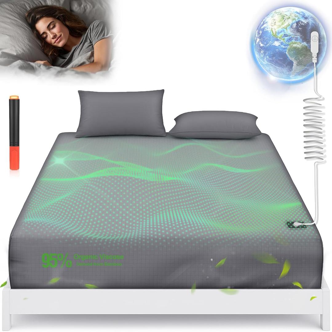Grounding Sheet, Genuine 95% Organic Viscose Derived from Bamboo + 5% Pure Silver Fiber, Grounded Fitted Sheet Kit Earth Connected Bedding for Sleep (Queen, Gray)