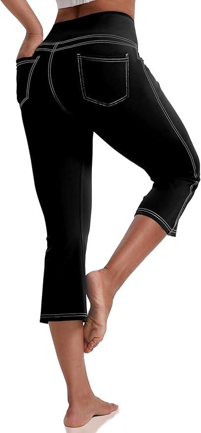 VOOVEEYA Women's Capri Leggings, Yoga Capris Pants with Pockets Stretchy Crop Pants High Waisted Straight Leg 21", Large