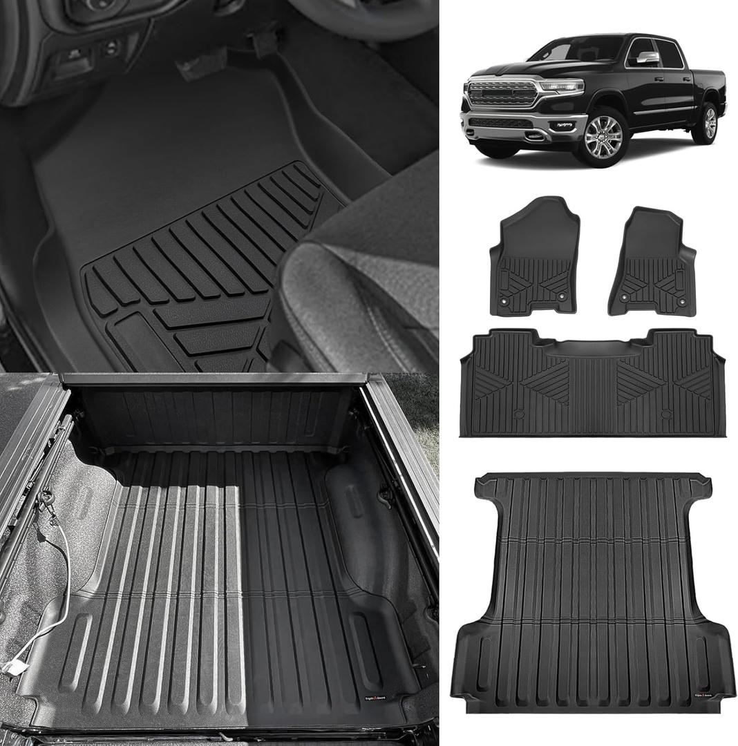 TripleAliners Truck Bed Mat & Floor Mats Front Rear Full Set Compatible with 2019-2025 RAM 1500 Accessories All Weather TPE Liners Carpets Mat Custom Fit (Truck Bed Mat+ Floor Mats) TripleAliners Truck Bed Mat & Floor Mats Front Rear Full Set Compatible with 2019-2025 RAM 1500 Accessories All Weather TPE Liners Carpets Mat Custom Fit (Truck Bed Mat+ Floor Mats)