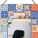 Rectangle Mirror for Wall, 12"x16" Decorative Wall Mirror, Flower Blue Mosaic Mirrors, Wall Mirrors Decor with Hanging Rope for Living Room, Entryway, Bedroom, Dining, Kitchen