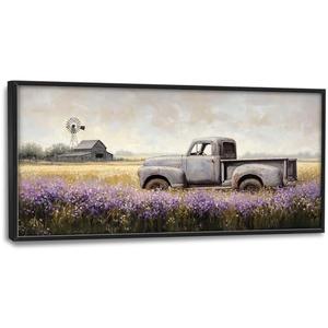 Rustic Truck Wall Art Farmhouse Lavender Barn Pictures Wall Decor Country Large Master Over Above Bed Canvas Prints Horizontal Modern Artwork Painting Home Office Decorations For Bedroom 30"x60"