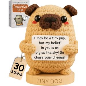 Dog lover Gifts for Women - Handmade Positive Crochet Animal W/ 30 Uplifting Signs - Funny Birthday Gifts for Dog Mom, Cute Present Idea for Women for Mothers Day, Emotional Support Office Desk Decor (Pup)