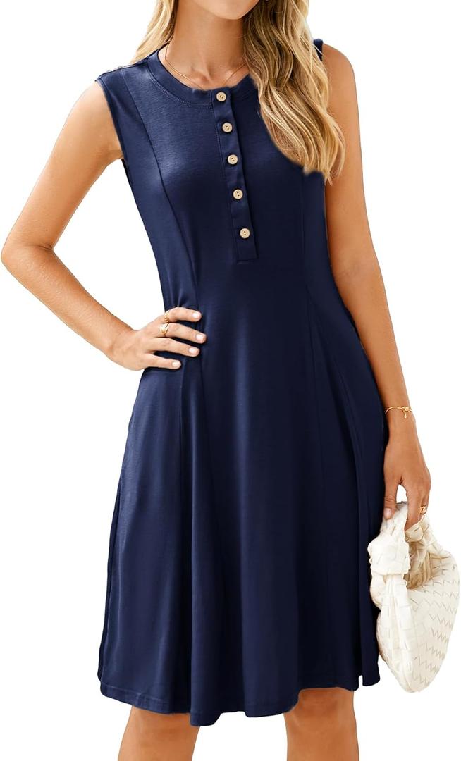 Simplee Womens 2025 Summer Mini Dress - Casual Sleeveless Button Down Vacation Short Sundress with Pockets (X-Large, Navy Blue)