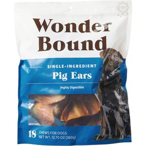 Amazon Brand - Wonder Bound Whole Pig Ears, Single Ingredient, Highly Digestible, Dog Treats for Puppy and Large/Medium Dogs, Pork, 18 count, 12.7 ounce (Pack of 1) (EXP 03/01/28)