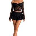 Passec 1Pieces for Women Elegant Lace Crop Top Bodycon Skirts Sheer Mesh Y2K Matching Sets(A Elegant Off Shoulder Black, S