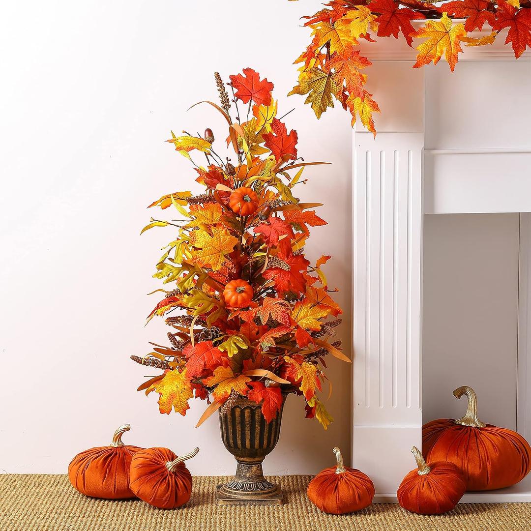 Glitzhome 36”H Fall Lighted Maple Leaves Tree, Artificial Urn Potted Porch Tree Faux Tree in Pot with Timer, 20 Warm White Lights for Fall Harvest Home Decor