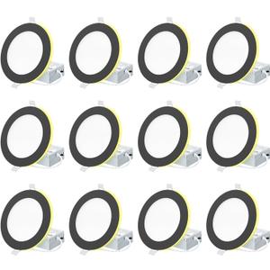 12 Pack, Black Recessed Lighting with 4 Inch Night Light Canless Ultra Thin Wafer Downlight Pot Indoor Exterior Soffit2700K-5000K Selectable, 9W, 120V, 750LM, Dimmable, ETL FCC