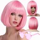 Bob Wig, 12 Inch Short Pink Bob Wig with Bangs,Straight Cosplay Wig,Heat Resistant,Adjustable Straps Wigs for Women Girl with Wig Cap