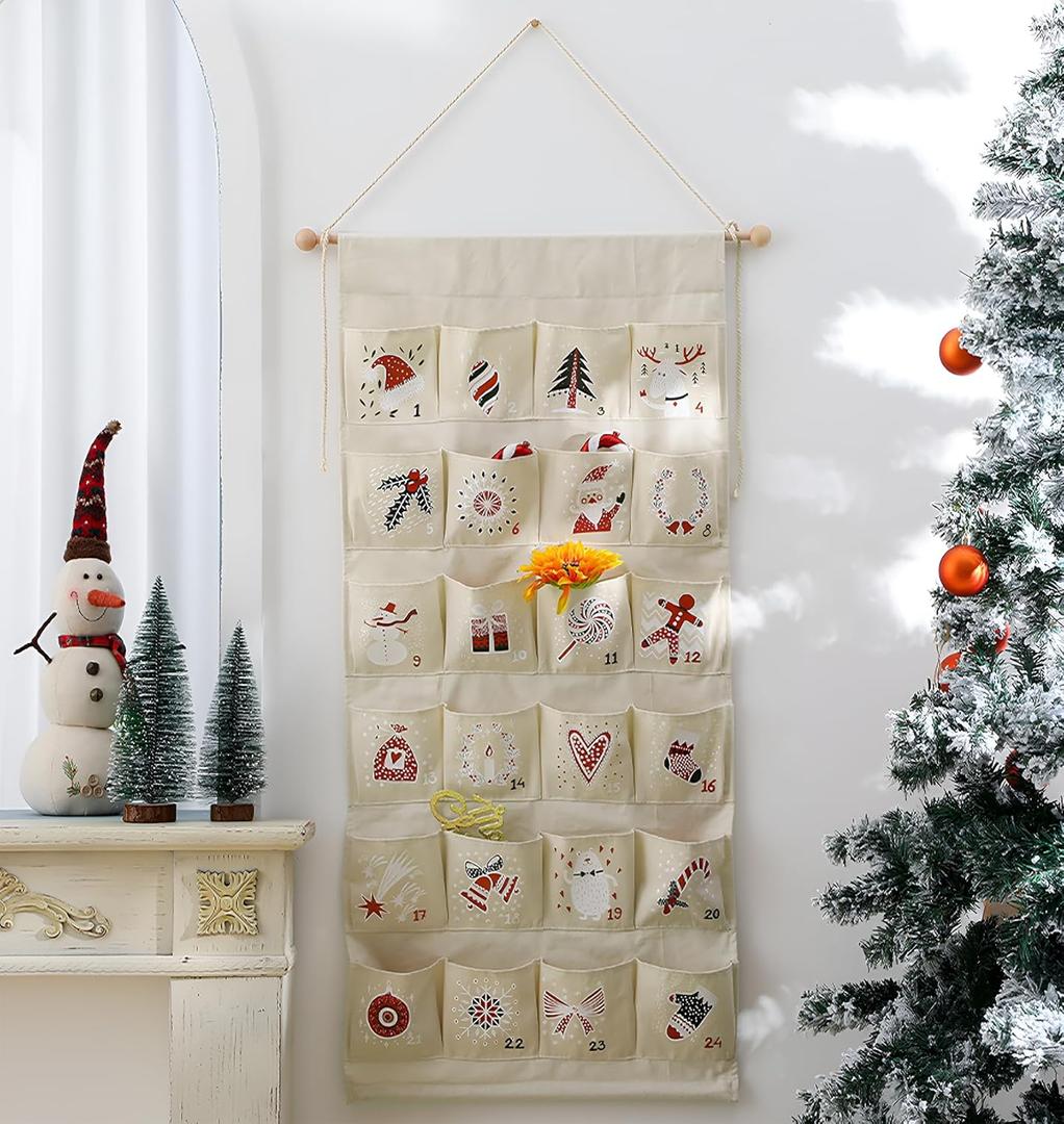 MONOBLANKS Fabric Christmas Advent Calendar with Pockets,Reusable Natural 24 Days Countdown Advent Calendar Hanging Storage Bag for Xmas Holiday Home Wall Decoration (Christmas A)