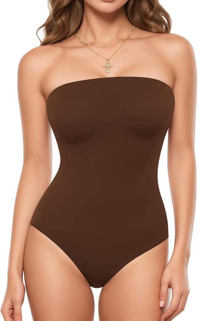 MANGOPOP Women‘s Strapless Thong Bodysuit Sexy Tube Top Off The Shoulder Double Lined Bodysuits Summer Going Out Tops Coffee Small