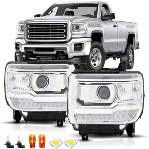 Clear Headlight Assembly Fit for 2014-2018 GMC Sierra 1500/2015-2019 GMC Sierra 2500HD 3500HD with LED DRL, Driver Passenger Siede Headlamp,Chrome Housing