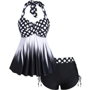 Rosegal Womens Plus Size Polka Dot Halter Twist Cinched Ruched Boyshorts Tankini Swimwear (3XL, Black_4)