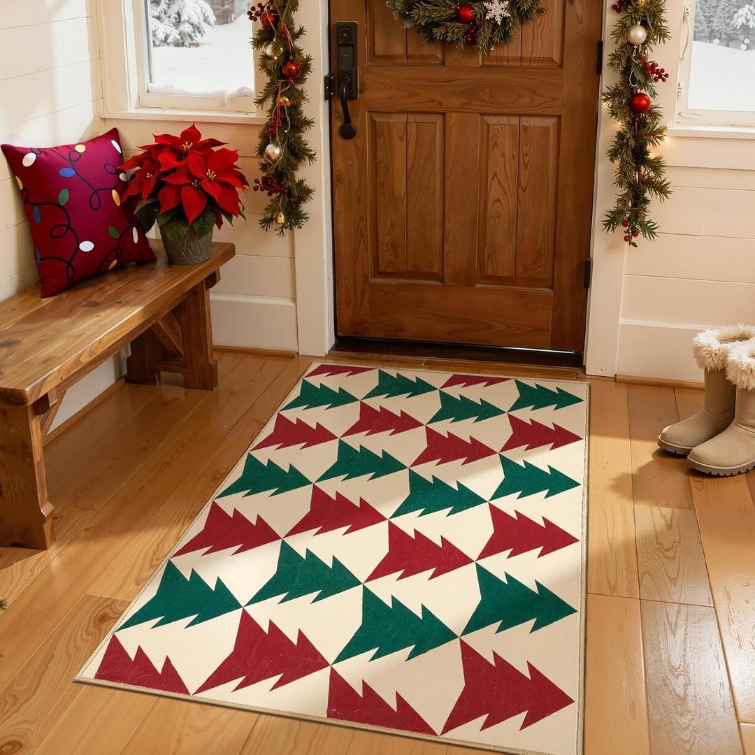 jinchan Christmas Rug 3x5 for Entryway Kitchen Holiday Rug for Bedroom Red and Green Christmas Tree Printed Xmas Decor for Living Room Bathroom Washable Non Slip Decorative Floor Carpet