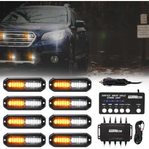 WINECO led strobe lights for trucks, Emergency Strobe Lights Kits for construction Vehicles LED Surface Mount Grill Grille Light Flashing Warning lights With Digital Controller 12 LED Amber White (8 PCS)