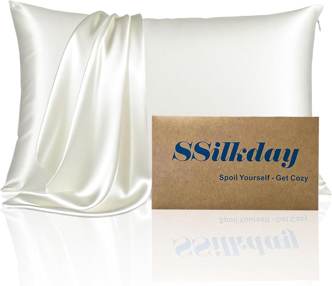 Mulberry Silk Pillow Cases with Zipper, Ultra Smooth Soft Breathable Cooling Pillow Cases for Hot Sleepers, Silk Satin Pillowcase for Hair and Skin, Gifts for Women (Ivory, Queen Size, 1 Pack) (Queen - 2030 Inch)