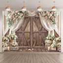 2 x 7x5ft Fabric Wedding Rustic Barn Door Backdrop Vintage Floral White Curtains Photography Background Bridal Shower Birthday Party Decorations Photo Banner Props