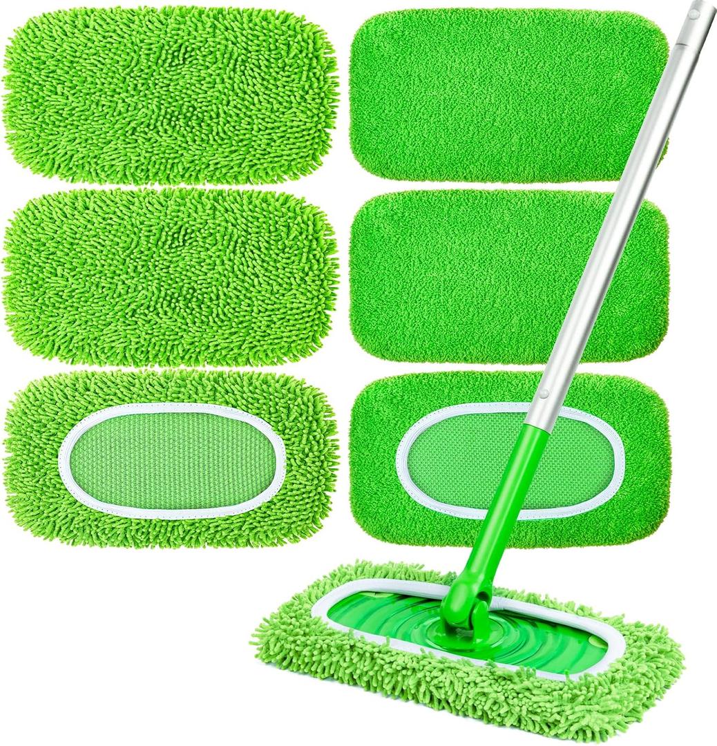 6-Pack Reusable Microfiber Mop Pads Compatible with Swiffer Sweeper, Dry & Wet Sweeping Cloths - Washable Wet Pads Refill for Multi-Surface/Hardwood Floor Cleaning (Green)