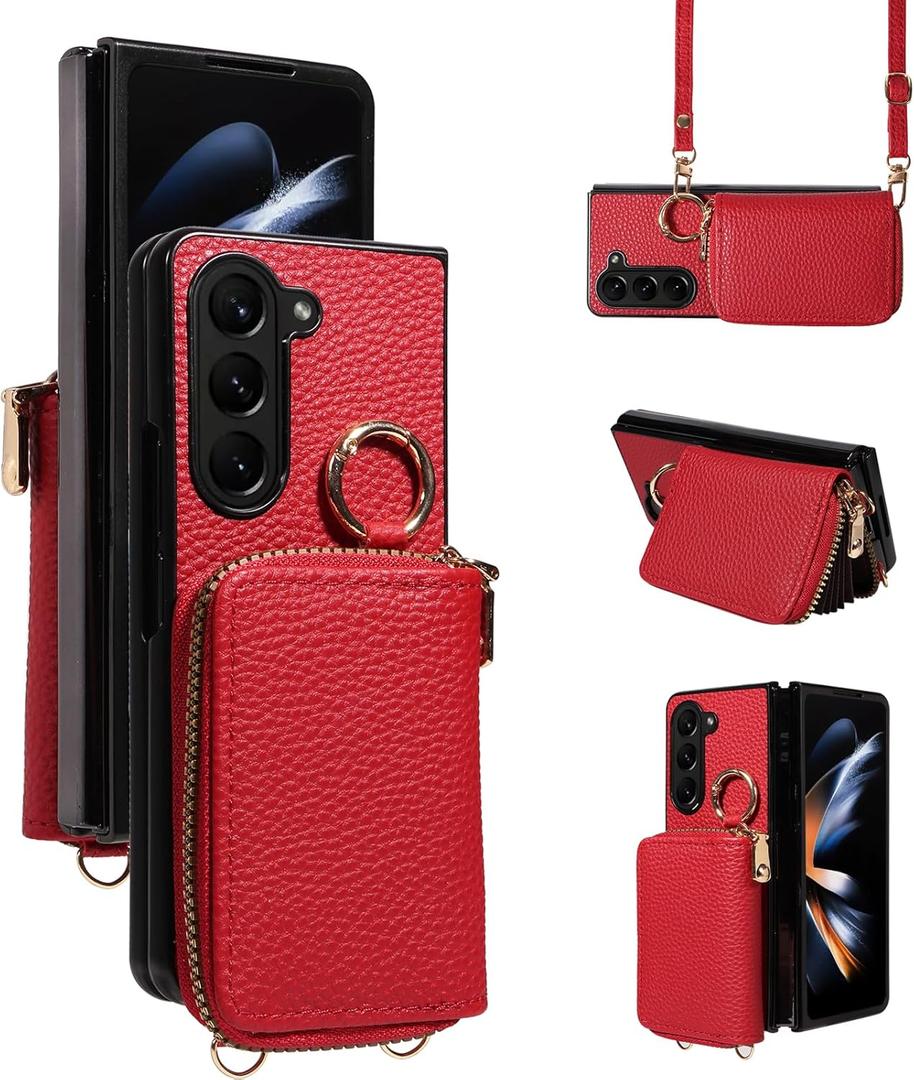 Wallet Case for Samsung Galaxy Z Fold 5 5G 2023 & Shoulder Strap Ring Buckle, Luxury PU Leather Zipper Flip Organ Purse, Card Holder Stand Phone Cover for ZFold5 Z5 G Fold5 5ZBB Women Men Red