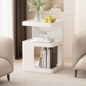 White Modern Side Table with Storage, Metal End Table for Couch, Small Bedside Table for Living Room, Bedroom, No Assembly Required(13.8" D x 13.8" W x 21.2" H)