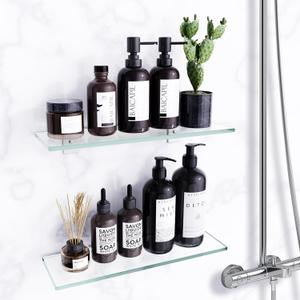 2 Pack Shower Shelves, Glass Shower Caddy for Bathroom Storage&Home Decor&Kitchen, No Drilling Adhesive Wall Mounted Bathroom Shelf with Aluminum Brackets (Transparent)