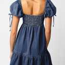 POTILI Denim Dress for Women Puff Short Sleeve Jean Dresses Sweetheart Neck Denim Mini Dress (Blue, M)