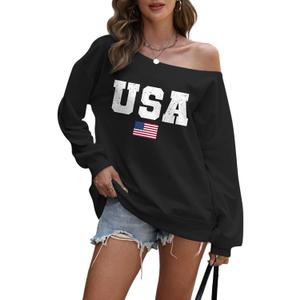 Usa Off The Shoulder Sweatshirt Women Oversized American Flag Long Sleeve Shirt Vintage Graphic Pullover Sweatshirts, Small