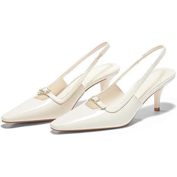 Coutgo Womens Kitten Heels Slingback Dress Shoes Buckle Office Work Pumps Shoes Size 6 ( White )