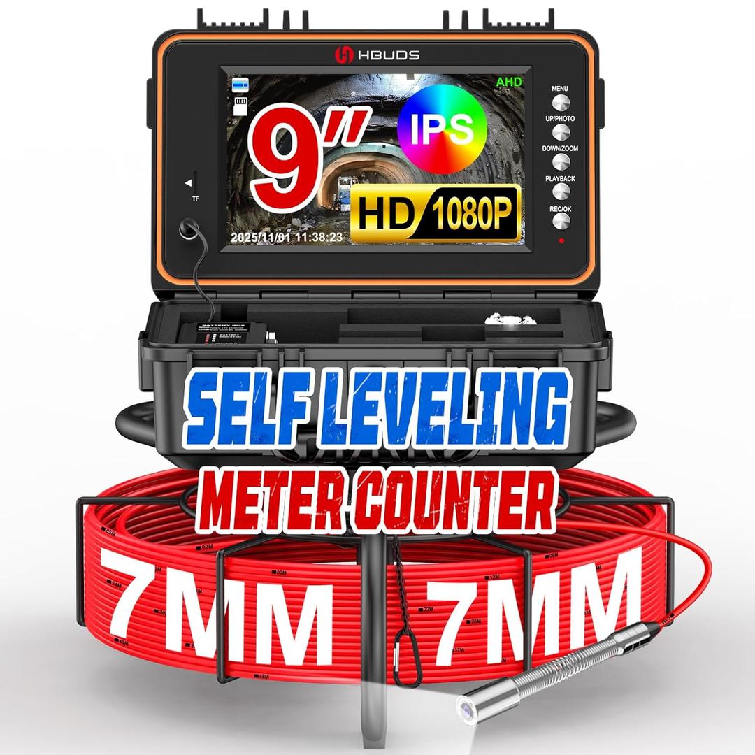 Sewer Camera 100ft, Self Leveling Drain Camera with Meter Counter, 7mm Thick Cable, 9" HD Screen 1080P Plumbing Cameras Snake with Light, 5100mAh Battery Duct Pipe Video Inspection Cam DVR 32GB
