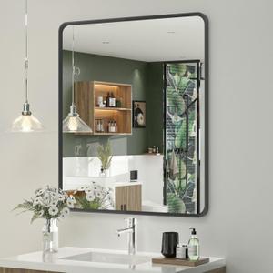 OKPAL 28X32 Inch Black Bathroom Mirror, Bathroom Vanity Mirror for Wall, Black Rectangle Mirror, Round Corner, Rustproof, HD Glass(Horizontal/Vertical)