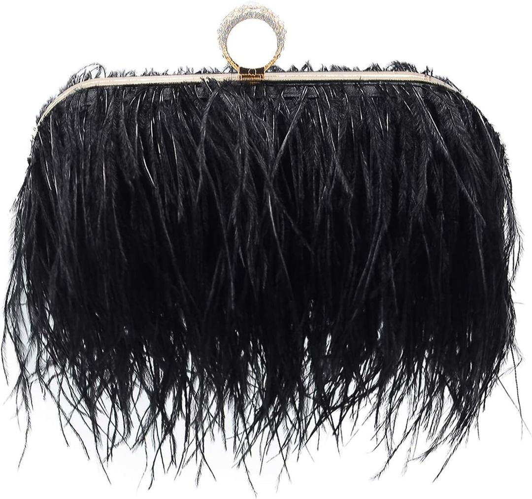 Miuco Women Feather Clutch Purse Shoulder Crossbody Bag Evening Handbags (Black)