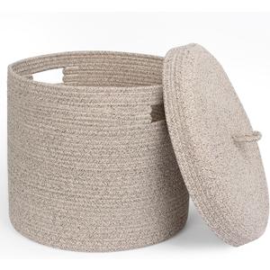 Storage Basket with Lid, Woven Blanket Storage for Living Room, Soft Cotton Rope Bin with Lid, Round Wicker Laundry Basket with Cover, Lidded Kids Dog Toy Bin, Nursery Organizer, 15" x 13" (Brown)