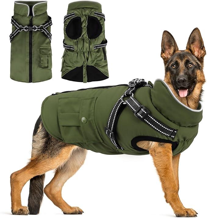 Dog Winter Coat with Harness Built-in | Waterproof Dog Jacket with Zipper & Fleece Lining | Reflective Cold Weather Coat for Large Dogs (Green) Large