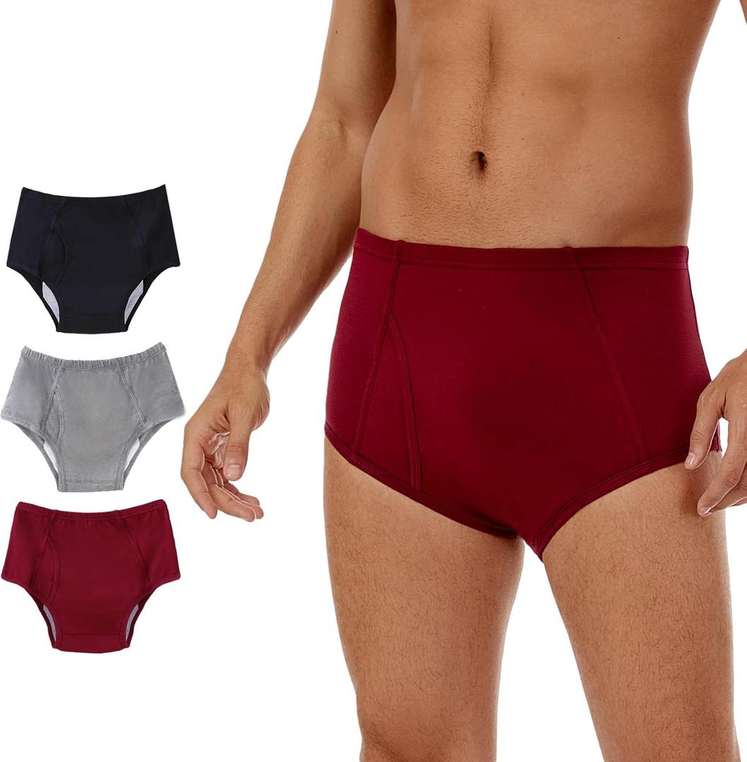 Washable Incontinence Underwear for Men - Cotton Urinary Leakproof Briefs with Flying, Complete Front & Rear Leak Proof, 150ml Absorbency (3 Pack, Black/Gray/Burgundy, L) Washable Incontinence Underwear for Men - Cotton Urinary Leakproof Briefs with Flying, Complete Front & Rear Leak Proof, 150ml Absorbency (3 Pack, Black/Gray/Burgundy, L)