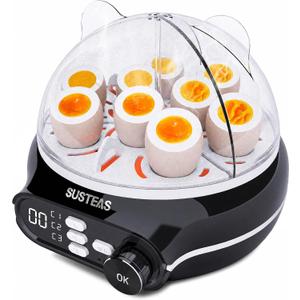 SUSTEAS Rapid Egg Cooker 9 Eggs Capacity, Soft, Medium, Hard Boiled Egg Cooker Simultaneously, Electric Egg Poacher, Kitchen Egg Steamer, Auto Shut-Off, Smart Voice Prompts, Timer Function, Black
